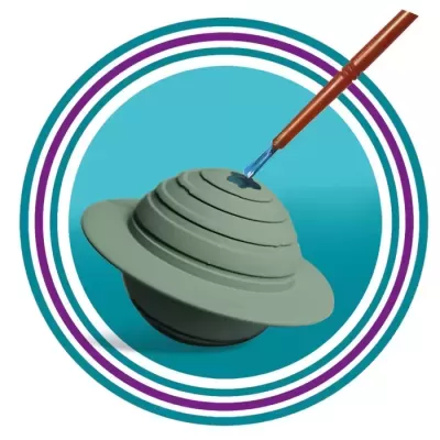 Escultura cinza em forma de anéis com pincel a pintar no topo, círculos concêntricos coloridos no fundo