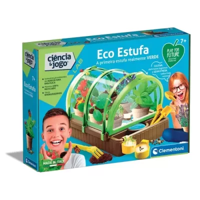 Caixa de jogo educativo Eco Estufa com imagens de crianças e mini estufa