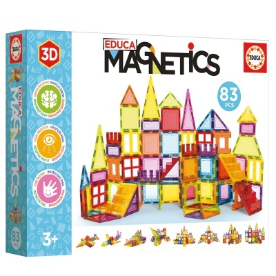 Caixa do jogo EDUCA MAGNETICS com 83 peças coloridas translúcidas e formas geométricas