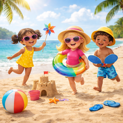 Três crianças felizes na praia com bolas, castelo de areia e acessórios coloridos