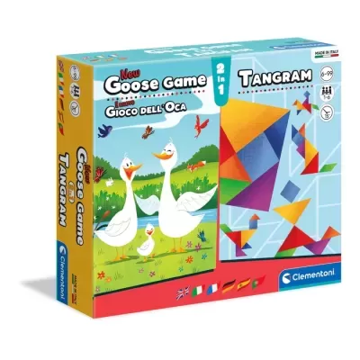Caixa de jogos Goose Game e Tangram Clementoni colorida