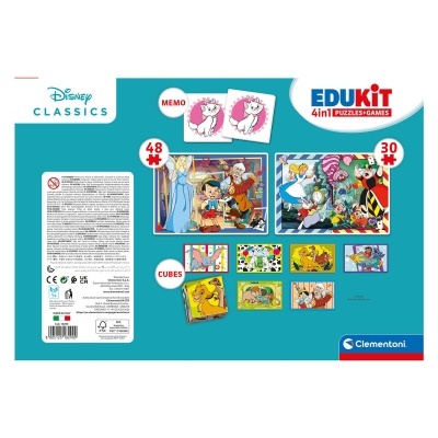 Embalagem do jogo Edukit Disney Classics com puzzles e jogos variados com personagens Disney.