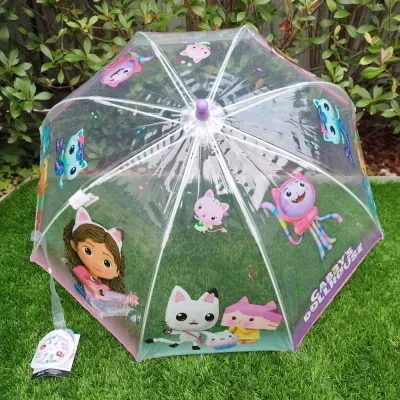 Guarda-chuva transparente infantil colorido com personagens de desenhos animados