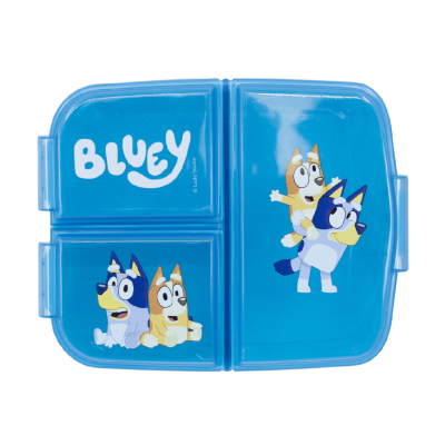 Caixa de lanche azul com personagens Bluey e Bingo e texto BLUEY.