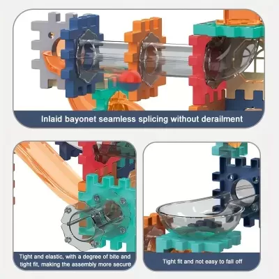 Brinquedo de construção modular com peças coloridas, engrenagens e tubos transparentes