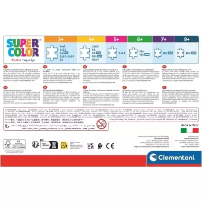 Embalagem de puzzle Super Color com informações de idades, quantidades de peças e certificações.
