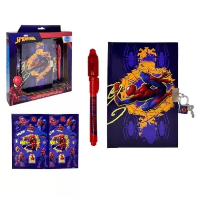 Conjunto Spider-Man com caderno azul, caneta vermelha, cadeado com chave e autocolantes.