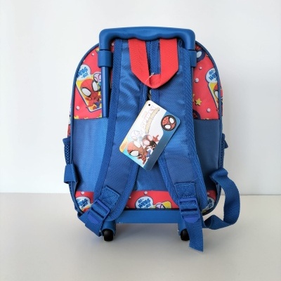 mochila infantil azul e vermelha com rodas e estampa do Homem-Aranha