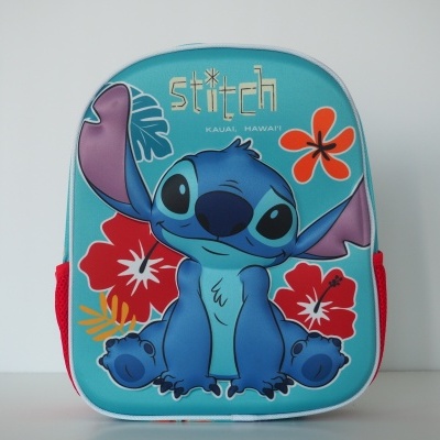 Mochila azul com personagem Stitch e flores coloridas