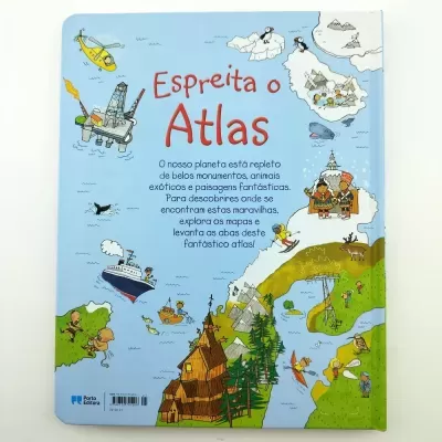 Capa de livro infantil Espereita o Atlas com ilustrações de mapas e animais
