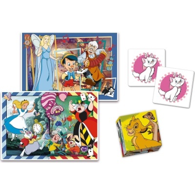 Puzzles e blocos com imagens coloridas de personagens animados e uma caixa decorada com personagens de leão