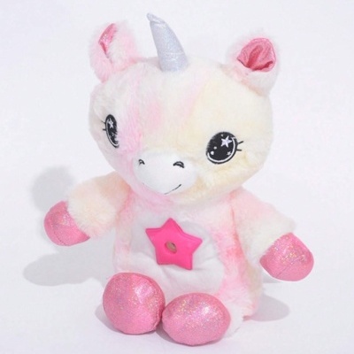 Pelúcia de unicórnio em branco e rosa com chifre prateado e estrela rosa no peito
