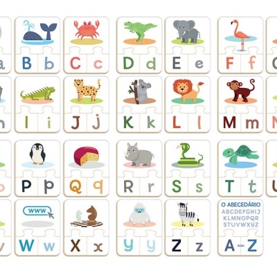 Cartões educativos com letras do alfabeto e imagens de animais e objetos coloridos