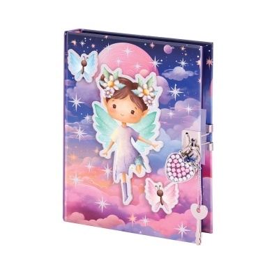 Caderno ou diário com capa ilustrada de fada, borboletas e cadeado em forma de coração