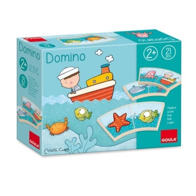 Caixa de jogo de dominó infantil de madeira com ilustrações de animais marinhos e barco em fundo azul