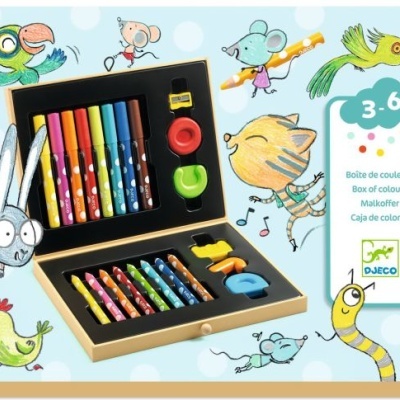 Estojo preto de lápis de cor com acessórios coloridos e desenhos de animais