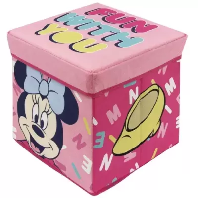 Caixa de armazenamento rosa com Minnie Mouse, sapato amarelo e texto FUN WITH YOU na tampa