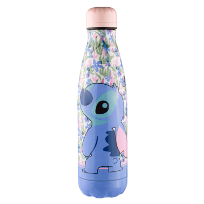 Garrafa térmica decorada com personagem Stitch e padrão floral