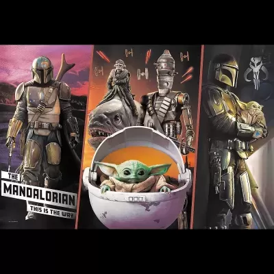 Três painéis verticais com personagens da série The Mandalorian, incluindo Mandalorian, Baby Yoda e robô.