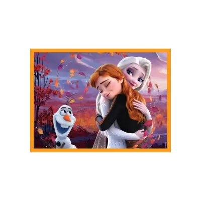 Puzzle com personagens animados Elsa, Anna e Olaf em fundo outonal com céu roxo.
