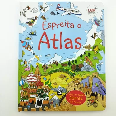 Capa de livro infantil Espreita o Atlas com ilustrações coloridas e selo LER+, indicação de pôster gigante