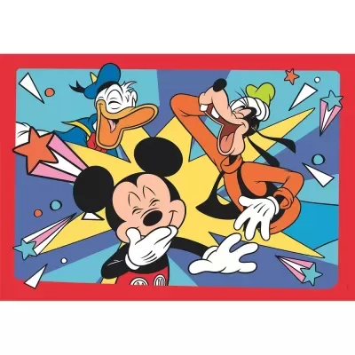 Desenho colorido de Mickey Mouse, Pateta e Pato Donald com fundo colorido