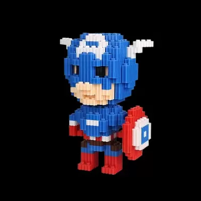 Figura de blocos de construção do Capitão América com escudo colorido sobre fundo preto