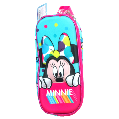 Estojo azul e rosa com imagem da personagem Minnie e texto 'MINNIE'