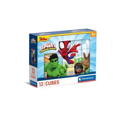 Caixa de puzzle de 12 cubos com personagens Marvel Spidey and Amazing Friends, embalagem azul e branca