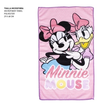 Toalha de microfibra rosa com Minnie Mouse e Daisy Duck e texto Minnie Mouse