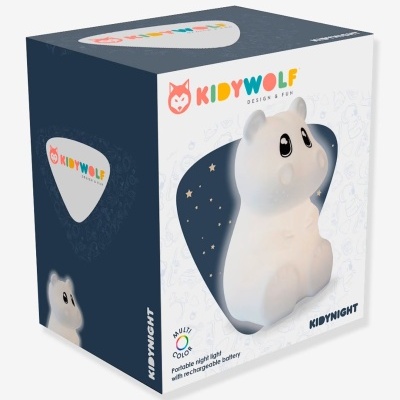 Caixa de luz noturna portátil KIDYNIGHT da KIDYWOLF em embalagem com fundo azul escuro e branco, mostrando luz noturna em forma de animal branco.