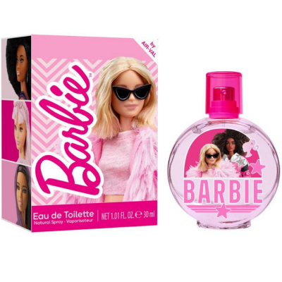 Eau de Toilette Barbie em frasco redondo com tampa rosa e embalagem rosa com imagens de bonecas