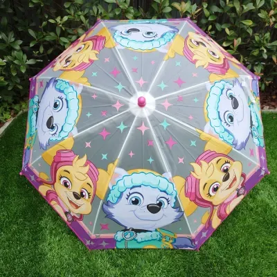 Guarda-chuva infantil transparente com personagens de desenho animado coloridos
