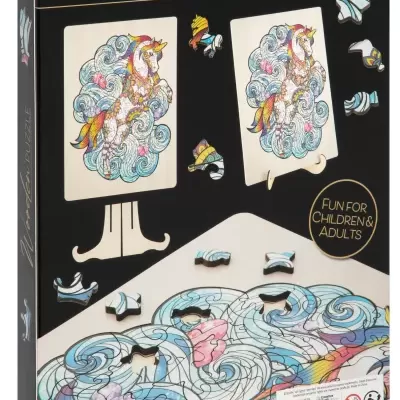 Caixa de quebra-cabeças de madeira colorido com ilustração de unicórnio