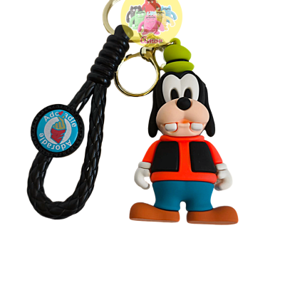 Porta-chaves com figura do Pateta com cordão preto e etiqueta azul.