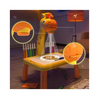 Mesa de desenho infantil em forma de girafa com luz projetando desenho de leão