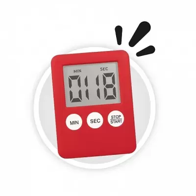 temporizador digital de cozinha vermelho com visor e botões brancos