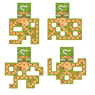 Quatro labirintos infantis em papel com caminhos alaranjados e decoração de natureza