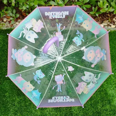 Guarda-chuva infantil transparente com personagens de desenhos animados e bordas cor de rosa