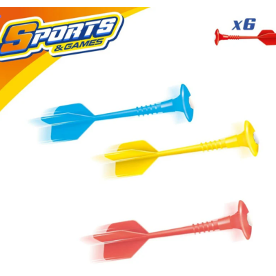 Dardos de plástico azul, amarelo e vermelho com ponta larga e corpo estriado