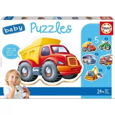 Embalagem de puzzle para bebés com camião basculante amarelo e vermelho e veículos ilustrados