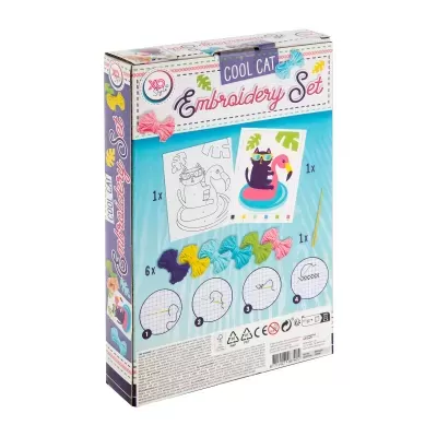 Conjunto de bordado Cool Cat com linhas coloridas e esquema de gato numa boia