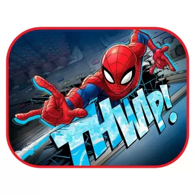 Estampa do Homem-Aranha com texto THWIP! em fundo urbano