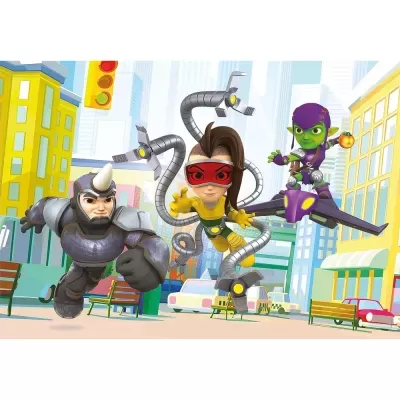 Três personagens animados em ação numa cidade, um com armadura cinza, outro com máscara vermelha e braços robóticos, e um goblin verde voando numa asa delta roxa.