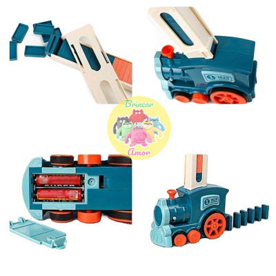 Brinquedo de trem azul escuro e laranja com pista e blocos encaixáveis