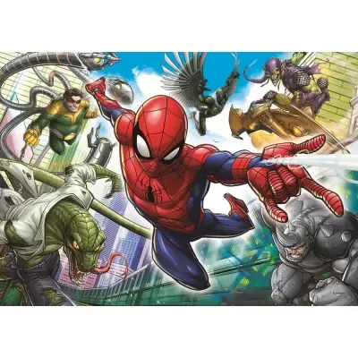Desenho de Spider-Man e vilões Marvel em ação com prédios ao fundo