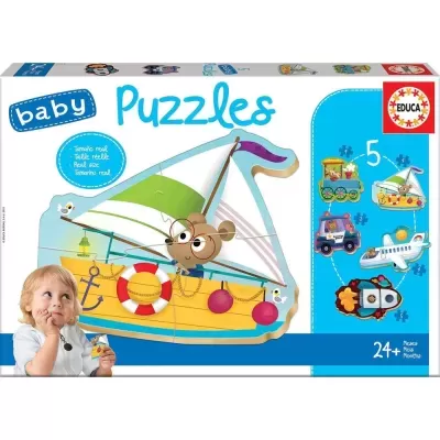 Embalar de baby puzzles de madeira com desenhos coloridos de veículos e indicação para 24+ meses