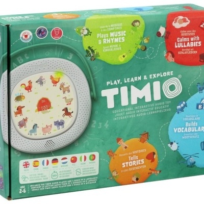 Caixa verde do brinquedo educativo TIMIO com imagens de animais e texto em inglês