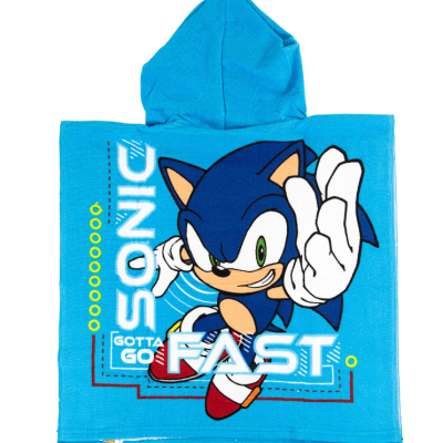 Poncho infantil azul com estampa do Sonic e texto 'SONIC GOTTA GO FAST'.