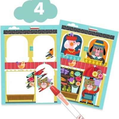 Cartas ilustradas com animais vestidos, número 4 em nuvem azul